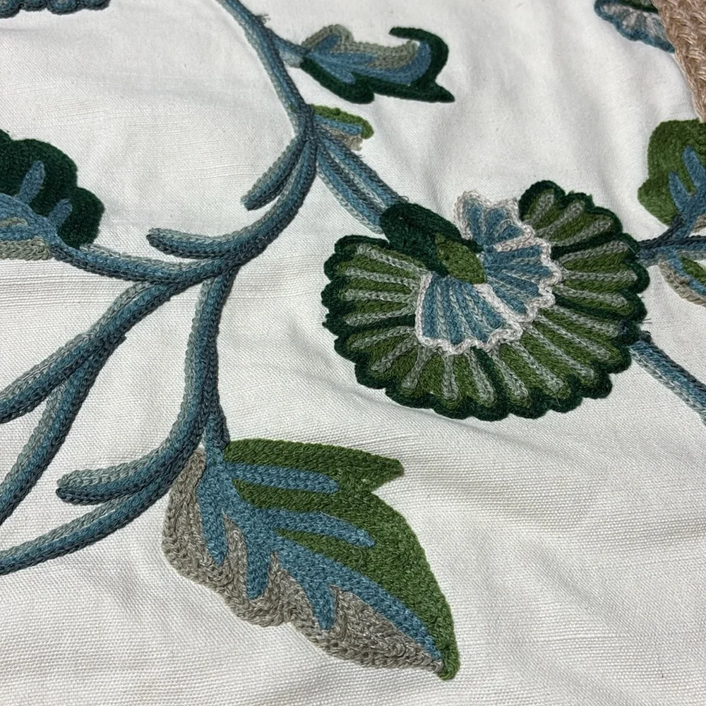 Pottery Barn Cream Pillow Cover with Blue and Green Floral Embroidery